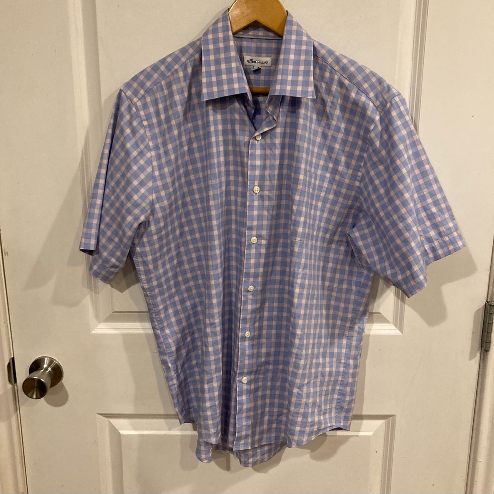 Peter Millar Shirt Mens Large Blue & Pink Short‎ Sleeve Plaid Cotton Button Up